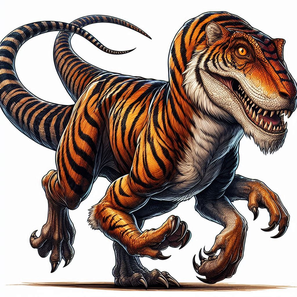 An absurd cross between a dinosaur and a tiger as drawn by AI with 5 feet and 2 tails.